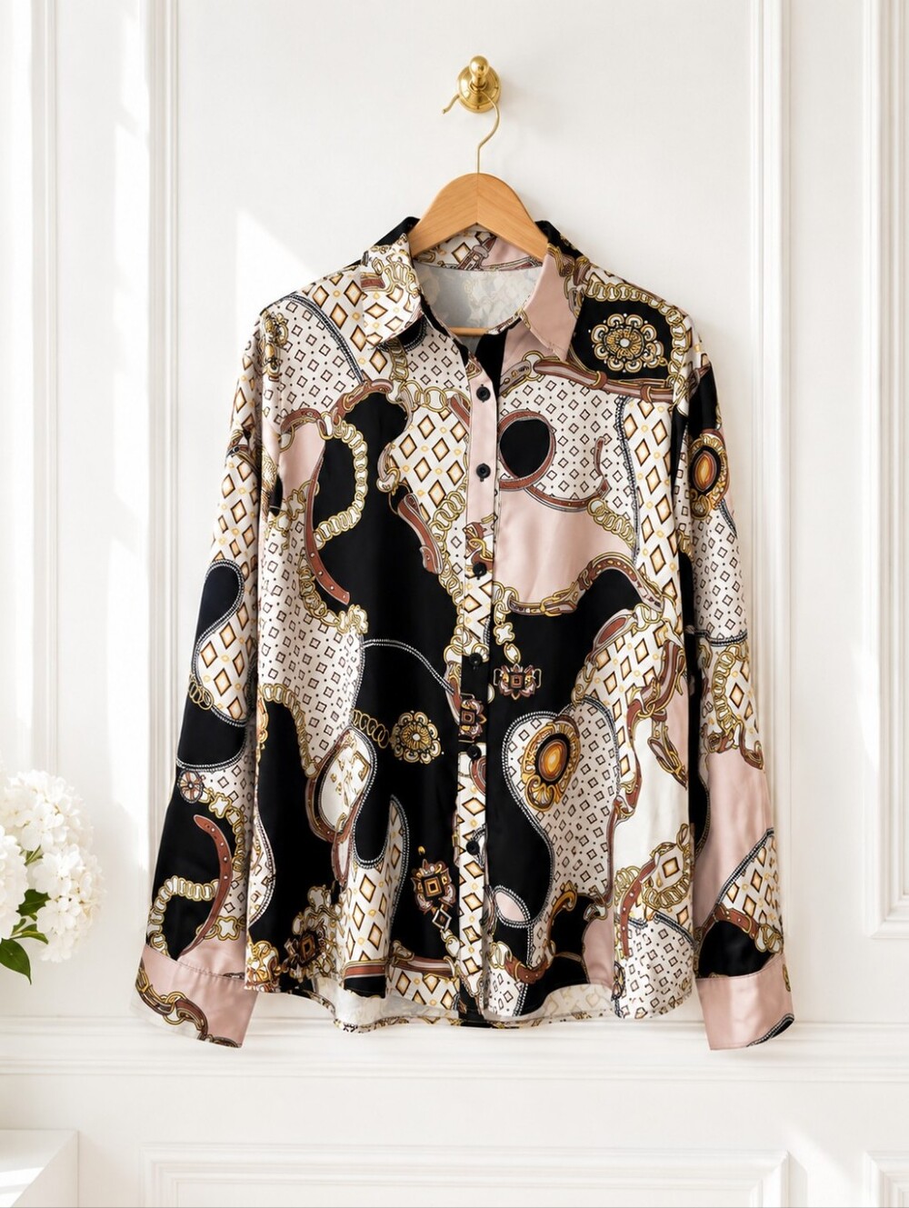 Chain Print Satin Button-Up Blouse Size 2XL Neutral Luxe Long Sleeve Top - Picture 5 of 8